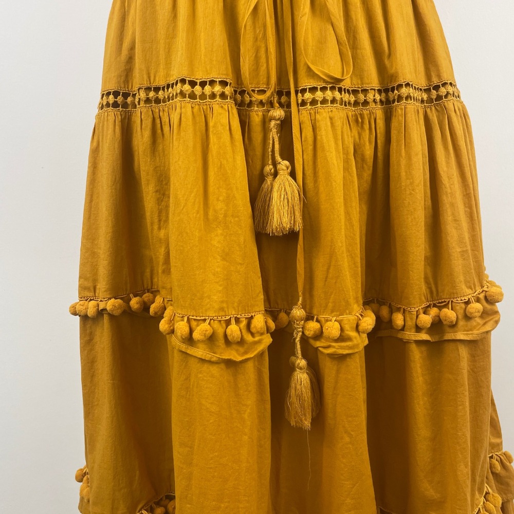 Point Sur J.Crew Mustard Yellow Pom Pom Tiered Midi Dress Womens 8 Cotton Boho - Picture 3 of 13